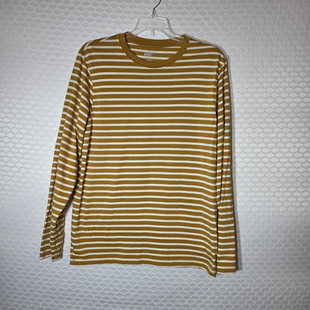 Lands End Womens Small Mustard Yellow White Striped Long Sleeve Cotton Tee Shirt